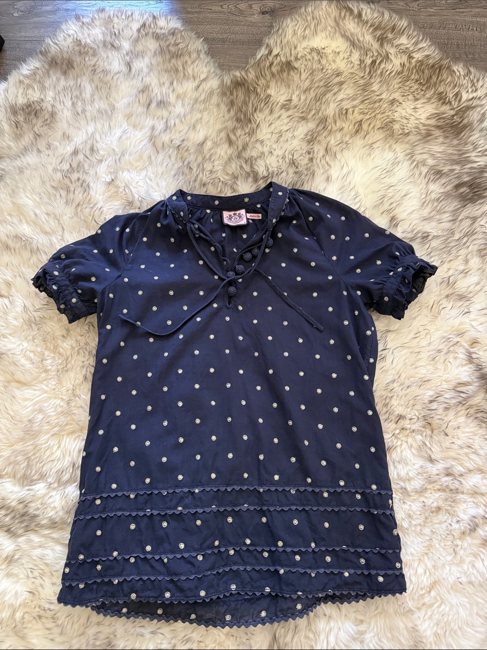 Juicy Couture Navy Blue Polka Dot Short Sleeve Blouse